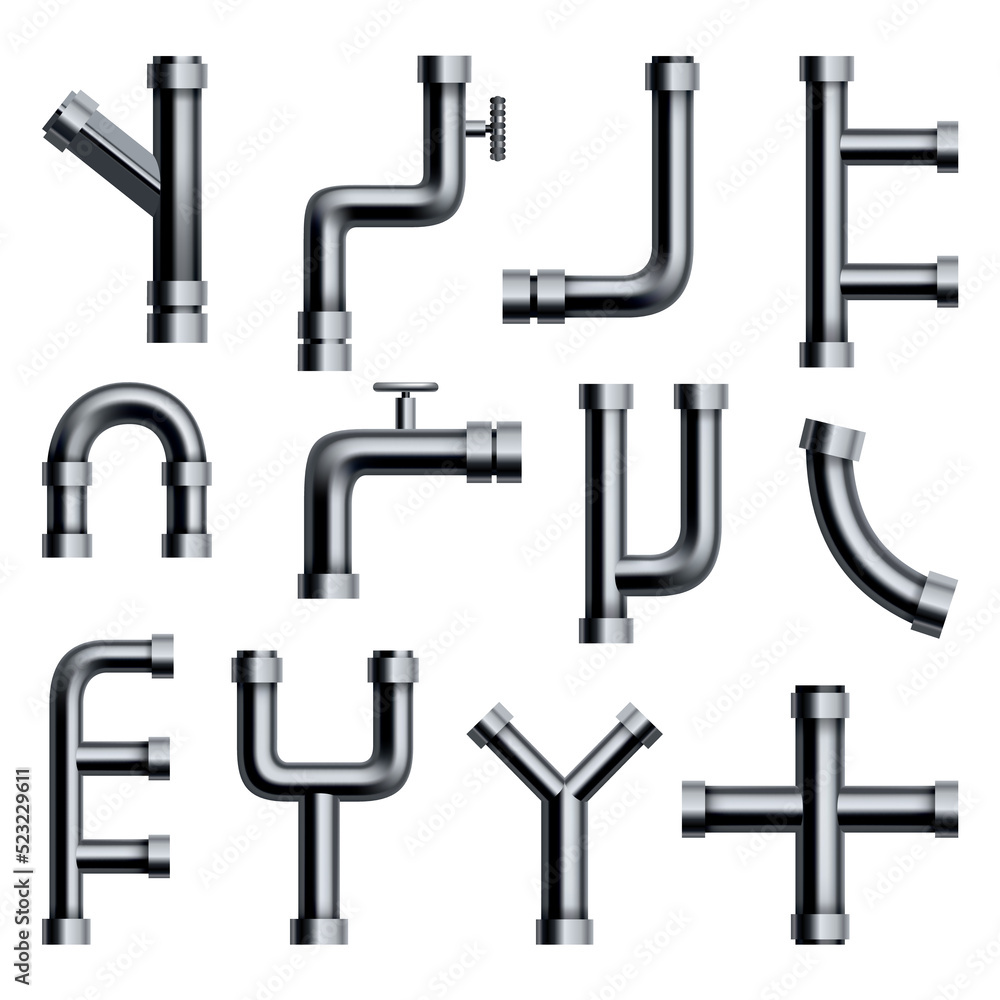 Metal pipeline set. Industrial conduit with connections and valves. 3d glossy stainless steel tubes for water or gas. Elements of engineering plumbing system Metal pipeline set. Industrial conduit with connections and valves. 3d glossy stainless steel tubes for water or gas. Elements of engineering plumbing system