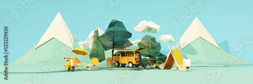low poly cartoon style. Mobile homes van and tents camping in the national park, bicycles, ice buckets, guitars and chairs, and trees with clouds and mountains on background. 3d render wide screen