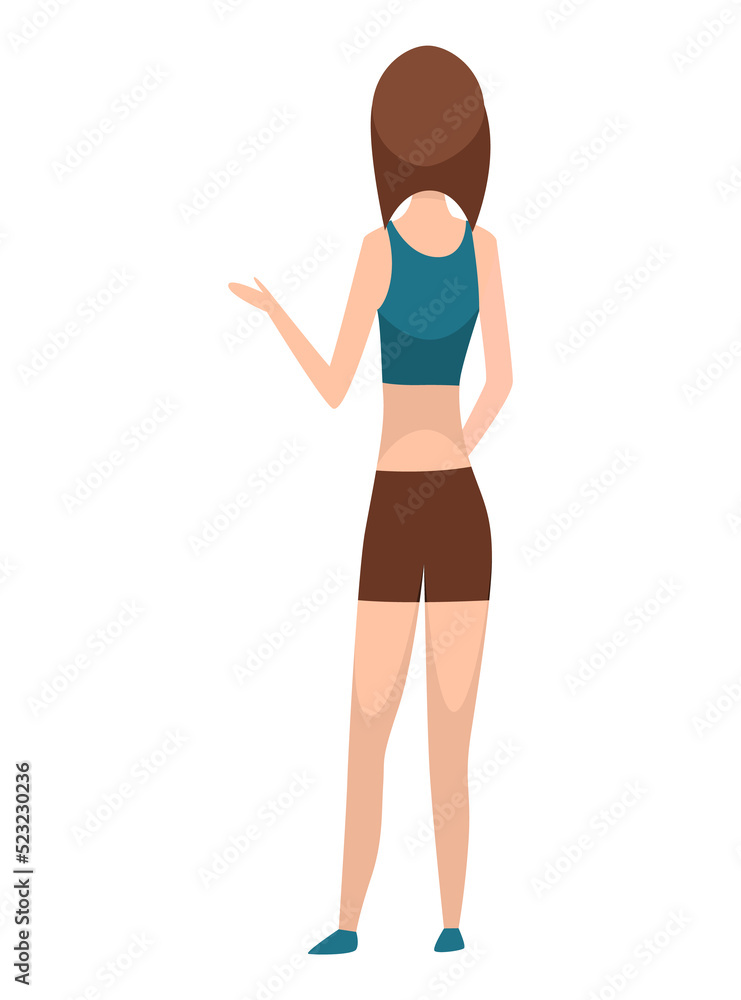 People character back view. Young human. Cartoon woman standing illustration. Adult people from behind. Female character in casual outfit People character back view. Young human. Cartoon woman standing illustration. Adult people from behind. Female character in casual outfit