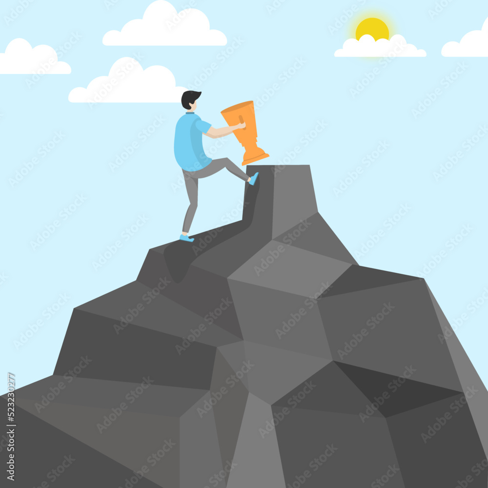 the concept of reaching the pinnacle of career or success, men who climb mountains to lift career trophies or success