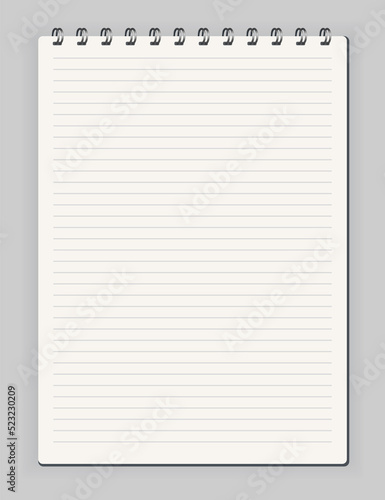 Notebook ined. Sketchbook blank page. Notepad  isolated mockup. Blank mock up with shadow. Art design clean spiral notepad blank template photo