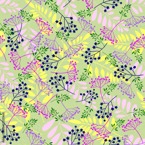 Abstract multicolor silhouette wild herbs and leaves seamless pattern