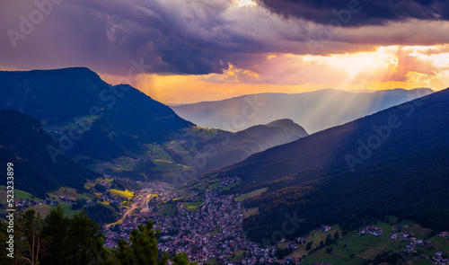 Ortisei Aerial View at Sunset - Sunrise, Val Gardena, South Tyrol, Italy © Dmitry Pistrov