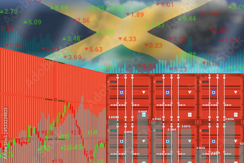 transparent Jamaica flag on up down graphs and Cargo ship container. photo