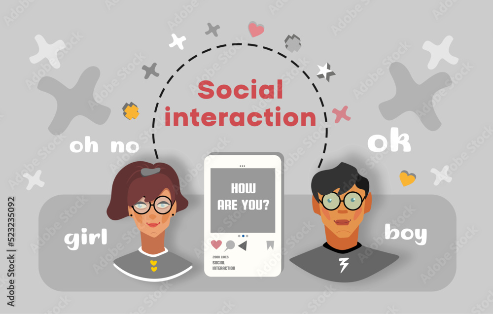 Social interaction. Social communication. Teenagers, a boy and a girl with a smartphone, chatting.Internet society. Online communication. Internet Communication. Social interaction. Social communication. Teenagers, a boy and a girl with a smartphone, chatting.Internet society. Online communication. Internet Communication.
