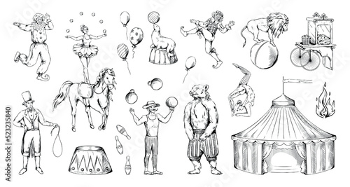 Circus vintage old sketch. Acrobat and juggler. Animals tricks. Park amusement. Clown fair entertainment. Artists performance engraving elements. Carnival marquee. Vector doodle set