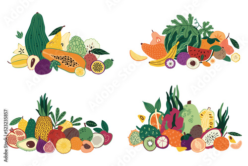 Fototapeta Naklejka Na Ścianę i Meble -  Fruit mix. Tropical food compositions. Bunch of pineapple, melon and watermelon. Half papaya, whole pomegranate and coconut, piles of various fresh natural sweets. Vector cartoon background