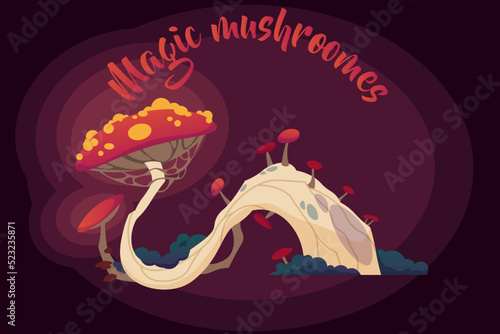 Fantasy mushroom. Magical psychedelic unusual fungus, toxic ingredient for potion poisonous, mystical nature element, fantastic glowing landscape, vector cartoon flat isolated illustration