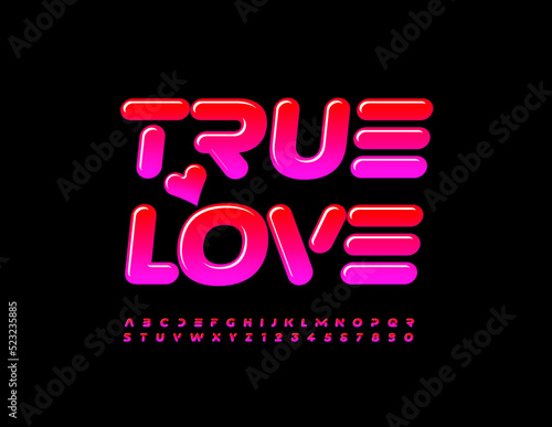 Vector trendy cad True Love with creative Font. Bright gradient Alphabet Letters and Numbers set