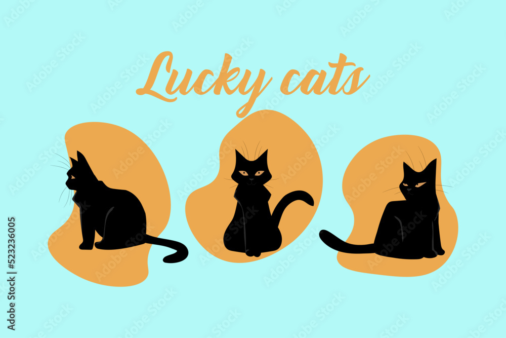 Lucky cats. Black fur kittens. Cute cartoon domestic animals ...