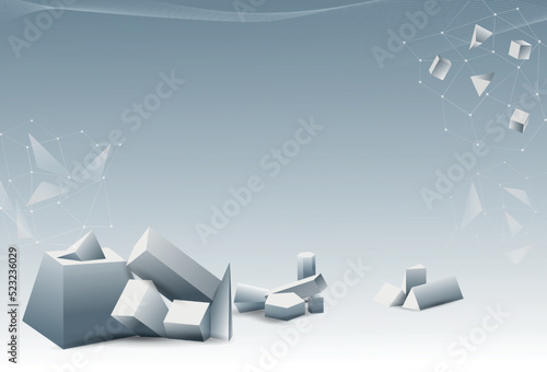 3D white cube background. Abstract geometric shapes. Minimal elements. Polygon forms composition. Connect data space. Cubic art. Business network. Blank backdrop. Vector digital texture