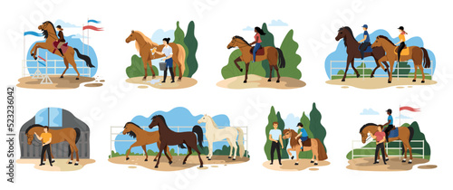Equestrian ride horse. Girl rider stallion horseback on farm. Man and child with pony. Jockey training with instructor at hippodrome. Racehorse ranch. Equine sport. Vector illustration set