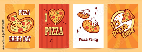 Fun pizza posters set. Social media and menu template with street food, lunch in restaurant or cafe. Kitchen decoration. Cards with creative phrases. Vector illustration banners