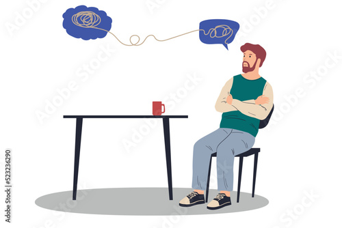 Counseling and mental health support from addiction, psychologist help session, mess in thoughts, speech bubbles with tangled mind, vector cartoon flat isolated psychology illustration