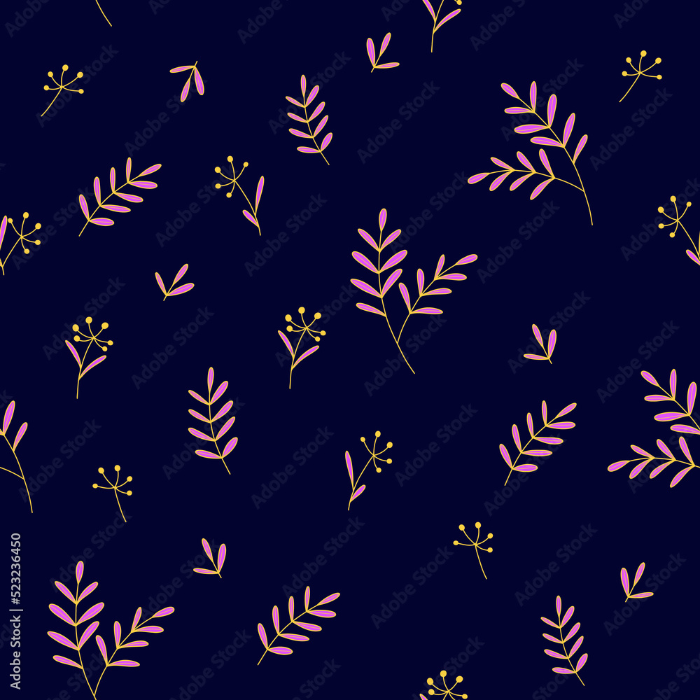 Fototapeta premium Vector seamless pattern with a yellow plants and branches with pink leaves on a dark blue background