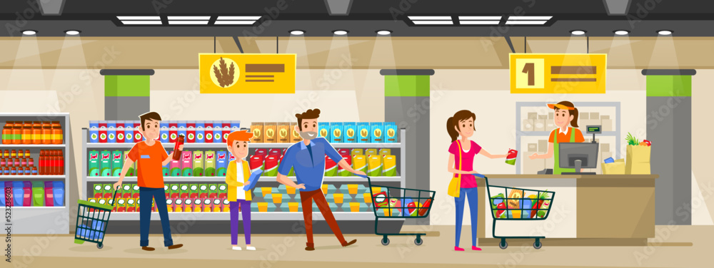 A queue of people with carts and baskets in a supermarket before a counter. Customers pay the cashier for their purchases. Grocery shop interior design. Cartoon style vector illustration.