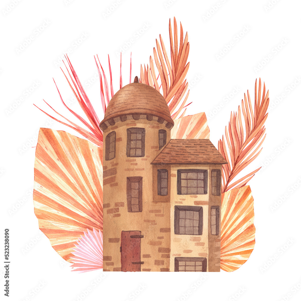 House home cottage cosy building estate painted by watercolor isolated on a white background cartoon. Dried tropical palm leaves illustration logo. Hand-drawn cute of architecture old european town.