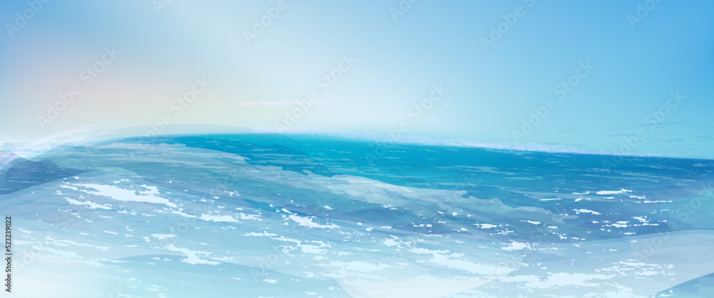 Sea view banner. Ocean panorama. Vector wave, ocean illustration.  Concept for card, poster, flyer, print.