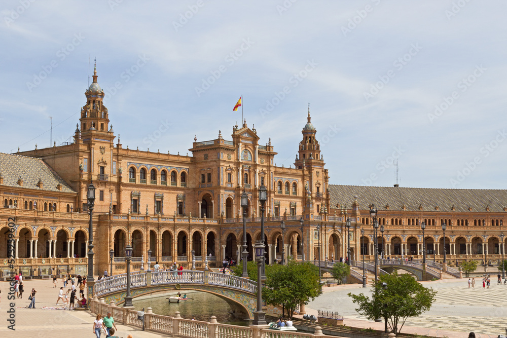 Architecture and canals of Spain square, Seville, Spain. Famous touristic attraction.