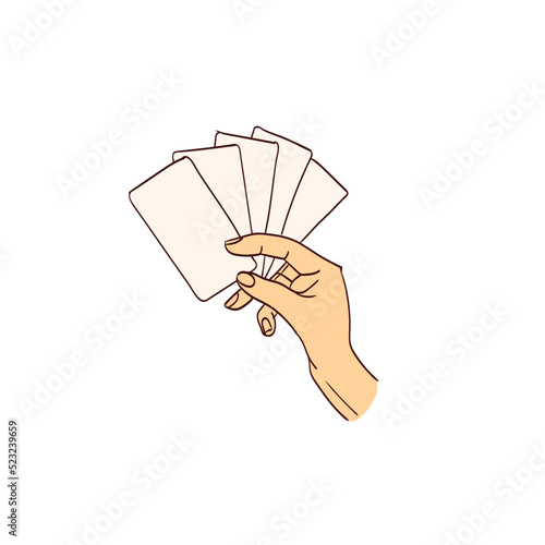 Female hand holds magic tarot cards, symbol of fortune-telling and prediction, icon for witch, astrology.