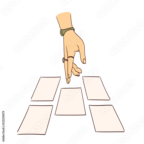 Female hand holds magic tarot cards, symbol of fortune-telling and prediction, icon for witch, astrology.