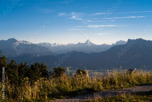 Panoramic sunny view from the Gaisberg on a fine sunday evening, Salzkammergut, Austria.