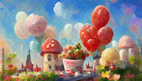 beautiful digital painting of fantasy fairytale town, mushroom house, gnome house, balloon tree, in the beautiful sunny day, happy moment, good weather, spring time, season greeting, with oil texture