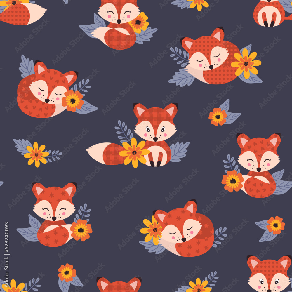 Naklejka premium Seamless pattern with cute foxies and floral elements. Vector illustration.