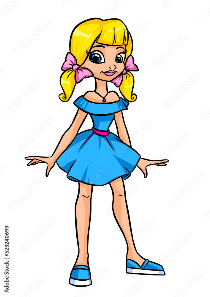 Fashionable beautiful teen girl blue dress style cartoon illustration Fashionable beautiful teen girl blue dress style cartoon illustration
