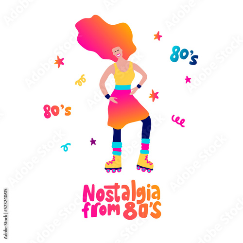 Disco party 70s 80s. Woman dance retro night party poster. Roller Skates Fashion