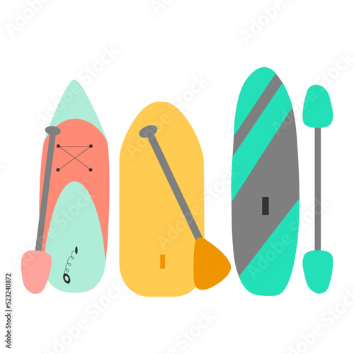 Different sup stand up or paddle surf boards, flat vector