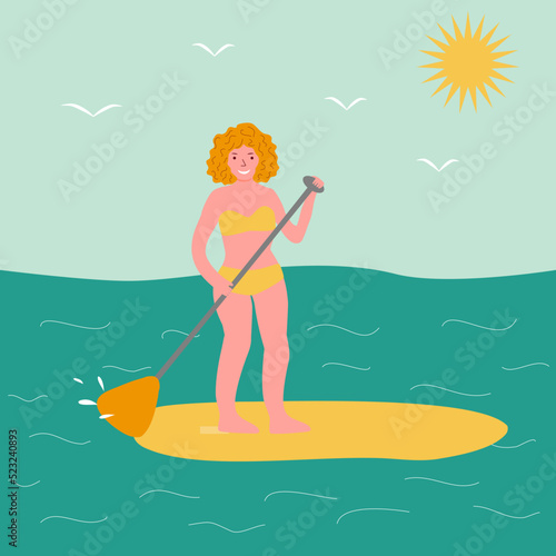 Young smiling woman standing up on paddle board, surfing in ocean or sea, vector