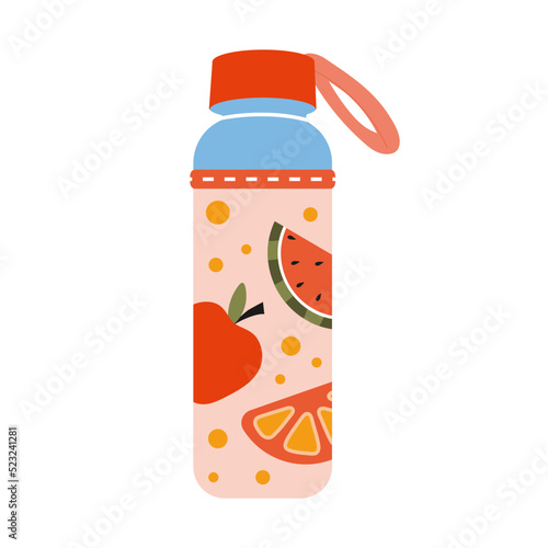 Cute water bottle in case with fruit, cartoon style. Trendy modern vector illustration isolated on white background, hand drawn, flat