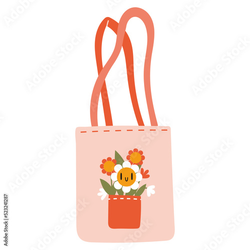 Cute Tote Bag, eco-bag with flowers, cartoon style. Trendy modern vector illustration isolated on white background, hand drawn, flat