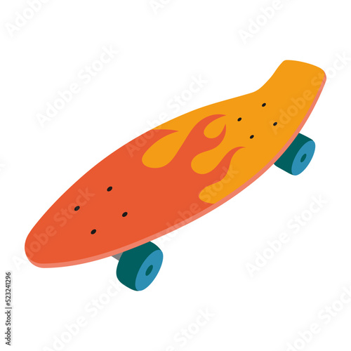 Cute penny plastic fish skateboard with flame, cartoon style. Trendy modern vector illustration isolated on white background, hand drawn, flat