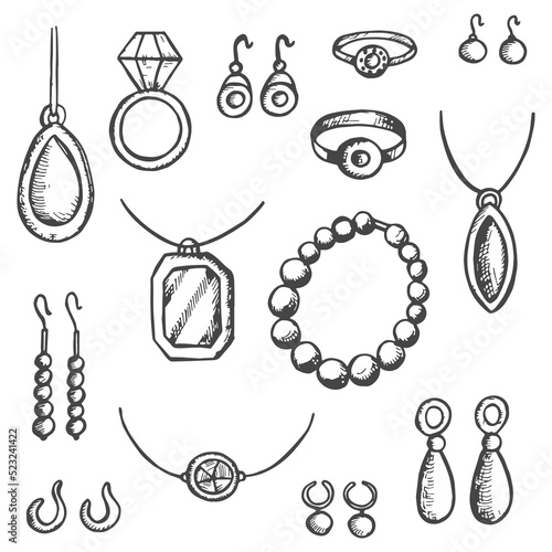jewelry luxury items objects set vector sketches