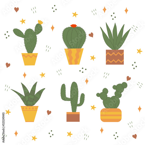 Set of different cactus in pots on doodle background, flat doodle vector