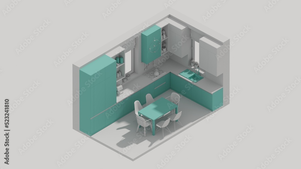 3d rendering isometric kitchen room interior open view green