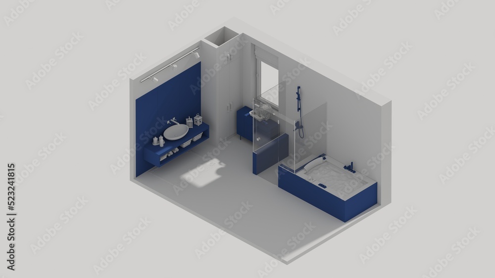 3d rendering isometric bath room interior open view blue 3d rendering isometric bath room interior open view blue
