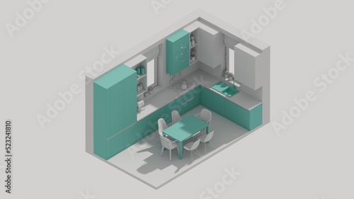 3d rendering isometric kitchen room interior open view green © Sergey