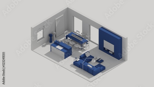 3d rendering isometric living room interior open view, dinning room, island kitchen blue © Sergey