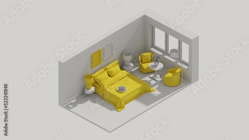 3d rendering isometric bed room interior open view 
