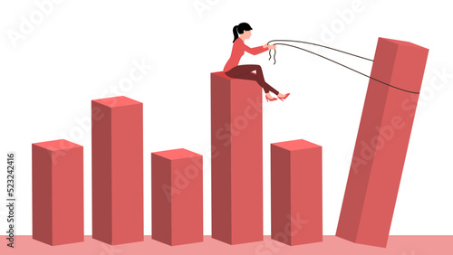 Woman lifting graph with help of rope, flat business character vector illustration.