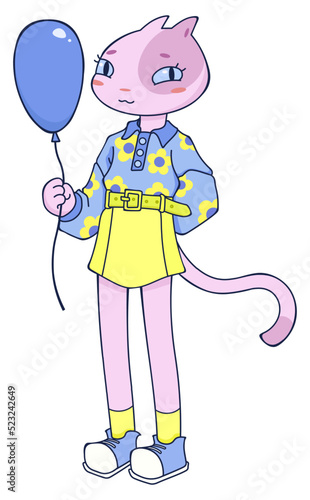 Illustration of a cute cartoon cat girl in stylish clothes with a balloon in her hand isolated on a white background