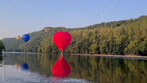 Spectacular hot air balloon in Dordogne in France. Above river Dordogne.