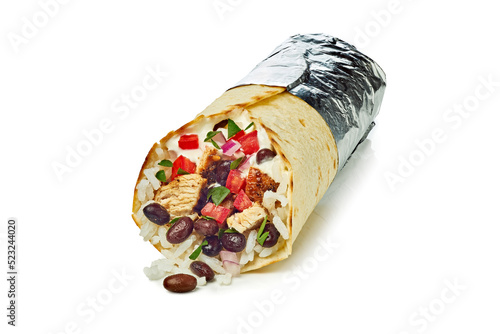 Chicken burrito with rice and black beans on white background
