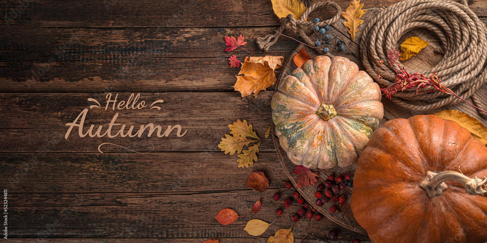 Pumpkins and autumn foliage on a wooden background. The concept of Halloween, Thanksgiving. Copy space, top view