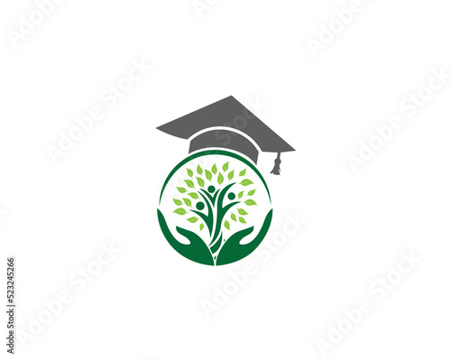 Education Logo Design Concept. Tree, Hand and Graduation Cap Creative Vector Illustration on White Background.