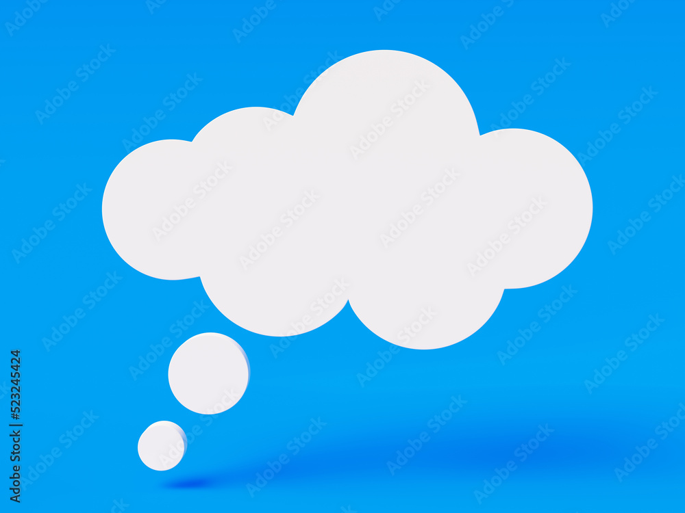 Empty thought cloud on blue background with copy space in concept of ideas and memories. 3d rendering of white comic cloud to fill with your concepts. Empty thought cloud on blue background with copy space in concept of ideas and memories. 3d rendering of white comic cloud to fill with your concepts.