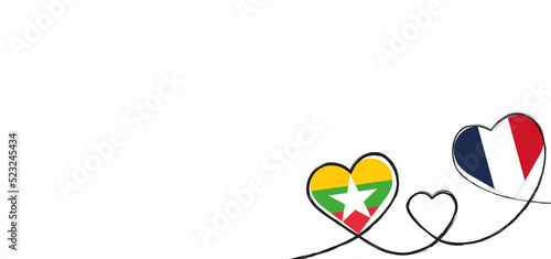 Drei Herzen mit der Fahne von Frankreich und Myanmar